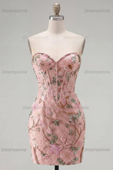 Pink Floral Beaded Corset Tight Short Homecoming Dress