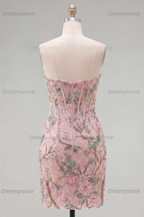 Pink Floral Beaded Corset Tight Short Homecoming Dress