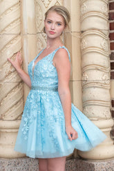 Cute A Line Deep V Neck Light Blue Homecoming Dress Short Prom Dress with Appliques