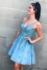 Cute A Line V Neck Light Blue Homecoming Dress Short Prom Dress with Appliques