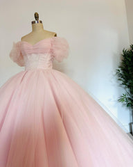 Cute Ball Gown Off Shoulder Puff Sleeves Pink Tulle Princess Gown Quinceanera Dress For Sweet 16
