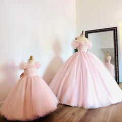 Cute Ball Gown Off Shoulder Puff Sleeves Pink Tulle Princess Gown Quinceanera Dress For Sweet 16