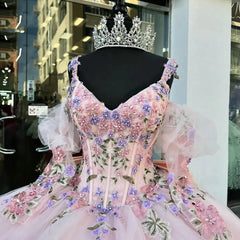 Cute Ball Gown V Neck Spaghetti Straps Puff Sleeves Floral Lace Appliques Beaded Tiered Ruffles Bow Knot Pink Tulle Quinceanera Dress For Sweet 16