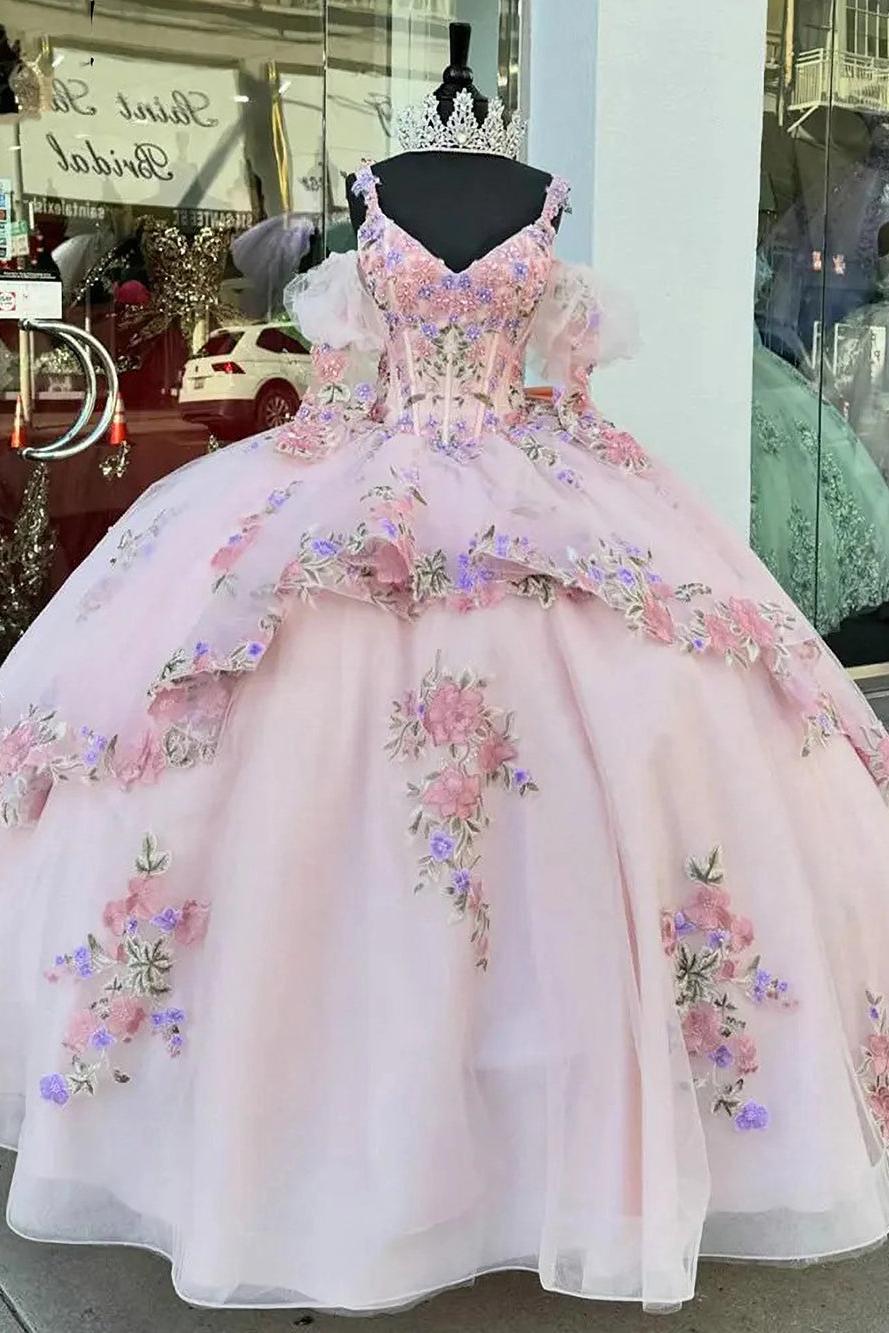 Cute Ball Gown V Neck Spaghetti Straps Puff Sleeves Floral Lace Appliques Beaded Tiered Ruffles Bow Knot Pink Tulle Quinceanera Dress For Sweet 16