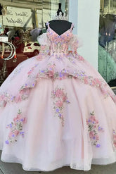 Cute Ball Gown V Neck Spaghetti Straps Puff Sleeves Floral Lace Appliques Beaded Tiered Ruffles Bow Knot Pink Tulle Quinceanera Dress For Sweet 16