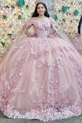 Cute & Chic Ball Gown Off Shoulder Lace Appliques Pink Tulle Princess Birthday Party Gown Quinceanera Dress For Sweet 16