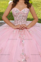 Cute & Chic Ball Gown Off Shoulder Sleeveless Beaded Sequins Appliques Pink Tulle Quinceanera Dress Birthday Party Dress For Sweet 16