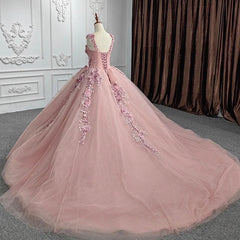 Cute & Chic Ball Gown Off Shoulder Straps 3D Flower Lace Appliques Rose Pink Tulle Quinceanera Dress For Sweet 16