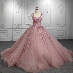 Cute & Chic Ball Gown Off Shoulder Straps 3D Flower Lace Appliques Rose Pink Tulle Quinceanera Dress For Sweet 16
