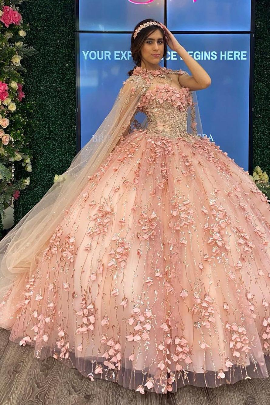 Cute & Chic Ball Gown Strapless Cape 3D Floral Appliques Beaded Rose Pink Tulle Quinceanera Dress For Sweet 16