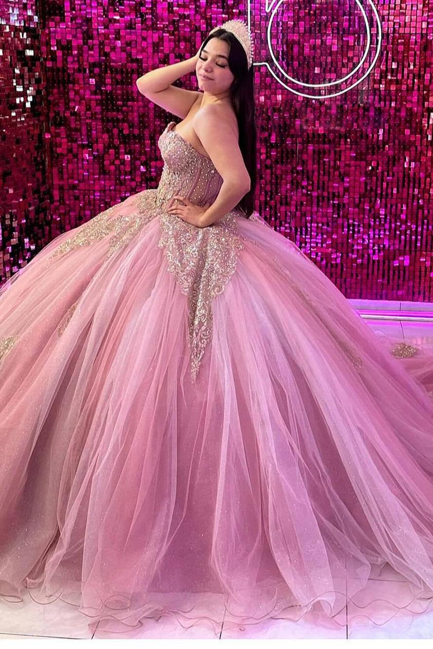 Cute & Chic Ball Gown Strapless Lace Appliques Beaded Pink Tulle Quinceanera Dress Princess Formal Evening Party Gown For Sweet 16