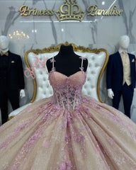 Cute & Chic Ball Gown Sweetheart Neck Spaghetti Straps Sequined Lace Appliques Quinceanera Dress Princess Birthday Party Gown For Sweet 16