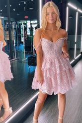 Cute Pink Homecoming Dress Off The Shoulder A Line Short Prom Dress with Lace