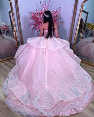 Cute & Sweet Ball Gown Sweetheart Neck Lace Flower Appliques Tiered Ruffles Pink Tulle Princess Quinceanera Dress Formal Evening Dress For Sweet 16