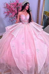 Cute & Sweet Ball Gown Sweetheart Neck Lace Flower Appliques Tiered Ruffles Pink Tulle Princess Quinceanera Dress Formal Evening Dress For Sweet 16