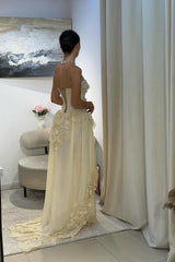 Yellow A Line Prom Dress Sleeveless Sweetheart Formal Dress With Lace Appliques