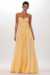 Daffodil chiffon A-line formal dress with ruched sweetheart bodice and full pleated skirt, front view