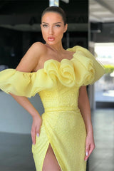 Daffodil Off The Shoulder Mermaid Evening Dress with Sequins and Split