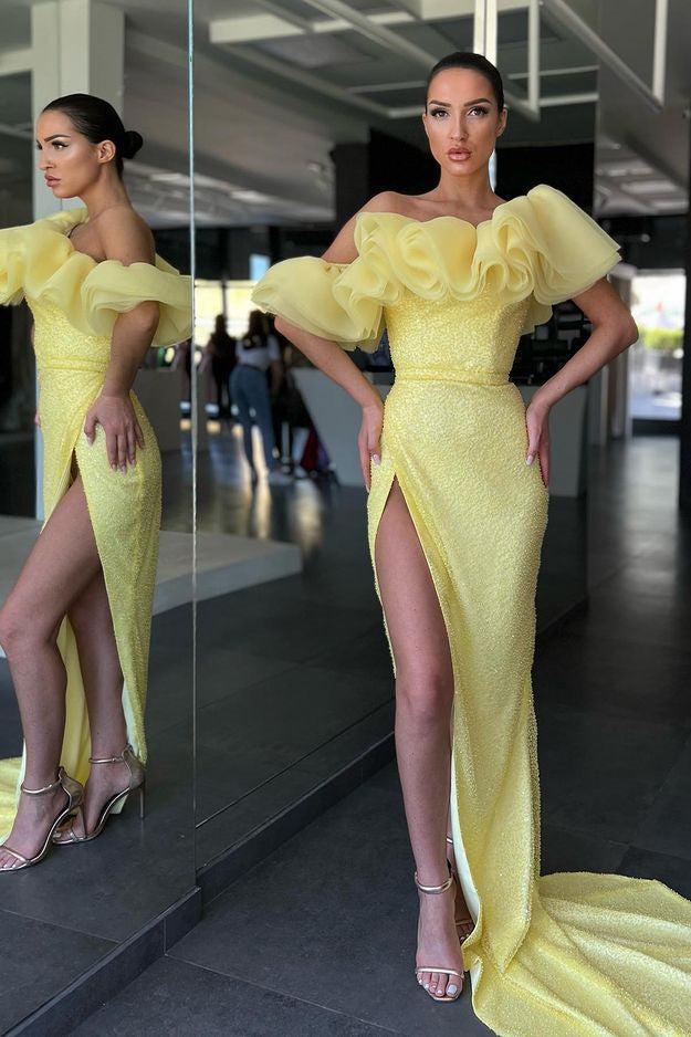 Daffodil Off The Shoulder Mermaid Evening Dress with Sequins and Split