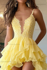 Daffodil Yellow Tiered A-Line High-Low Chiffon Prom Dress with Appliques