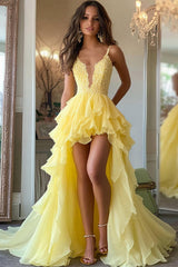 Daffodil Yellow Tiered A-Line High-Low Chiffon Prom Dress with Appliques
