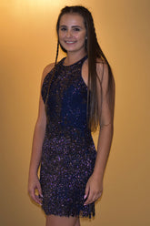 Dark Blue Homecoming Dress Open Back Sequin Prom Dress