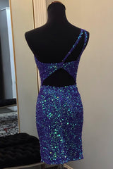 Dark Blue Homecoming Dress Sequin Open Back Tight Short Prom Dress