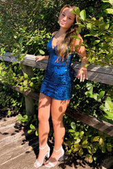 Dark Blue Homecoming Dress Sequin Short Tight Prom Dress