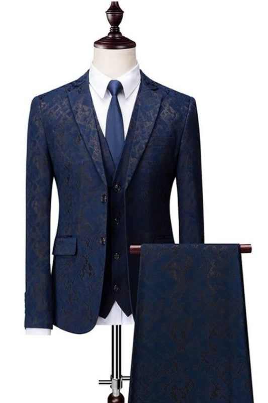 Dark Blue Jacquard Three Piece Notched Lapel Prom Suit