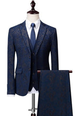 Dark Blue Jacquard Three Piece Notched Lapel Prom Suit