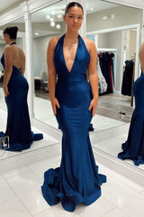 Dark Blue Mermaid Evening Dress Backless Long Prom Dress