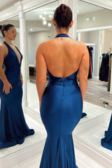 Dark Blue Mermaid Evening Dress Backless Long Prom Dress
