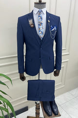 Dark Blue Notched Lapel 3 Piece Close Fitting Prom Suit