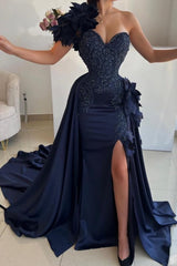 Dark Blue Prom Dress Sweetheart One Shoulder Sleeveless Panel Train Satin Slit Formal Dress With Handmake Flowers