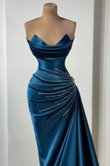 Dark Blue Prom Dress Sweetheart Sleeveless Beaded Column Panel Train Satin Formal Dress