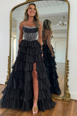 Dreamyannie Black Prom Dress A Line Strapless Corset Long Chiffon Formal Dress With Slit