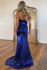 Dark Blue Strapless Prom Dress Mermaid Metallic Long Evening Dress With Slit