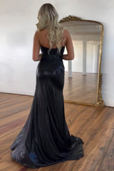 Dark Blue Strapless Prom Dress Mermaid Metallic Long Evening Dress With Slit