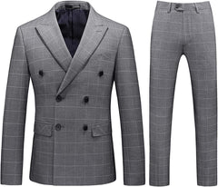 Dark Gray Double Breasted Plaid Business Suit for Men