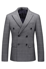 Dark Gray Double Breasted Plaid Business Suit for Men