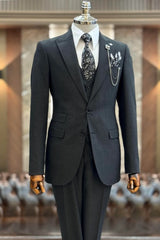 Dark Gray Peaked Lapel 3 Piece Business Men's Suit