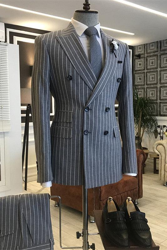 Dark Gray Striped Peaked Lapel Double Breasted Formal Business Suit