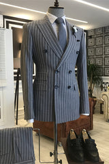 Dark Gray Striped Peaked Lapel Double Breasted Formal Business Suit