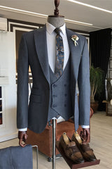 Dark Gray Three Piece Peaked Lapel Business Suit