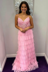 Dark Green A Line Prom Dress Tiered Tulle Long Evening Dress with Lace