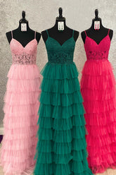 Dark Green A Line Prom Dress Tiered Tulle Long Evening Dress with Lace