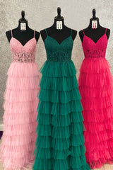 Dark Green A Line Prom Dress Tiered Tulle Long Evening Dress with Lace