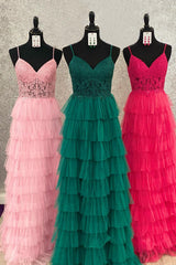 Dark Green A Line Prom Dress Tiered Tulle Long Evening Dress with Lace