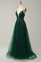 Dark Green A Line Prom Dress Tulle Appliques Long Evening Dress with Slit