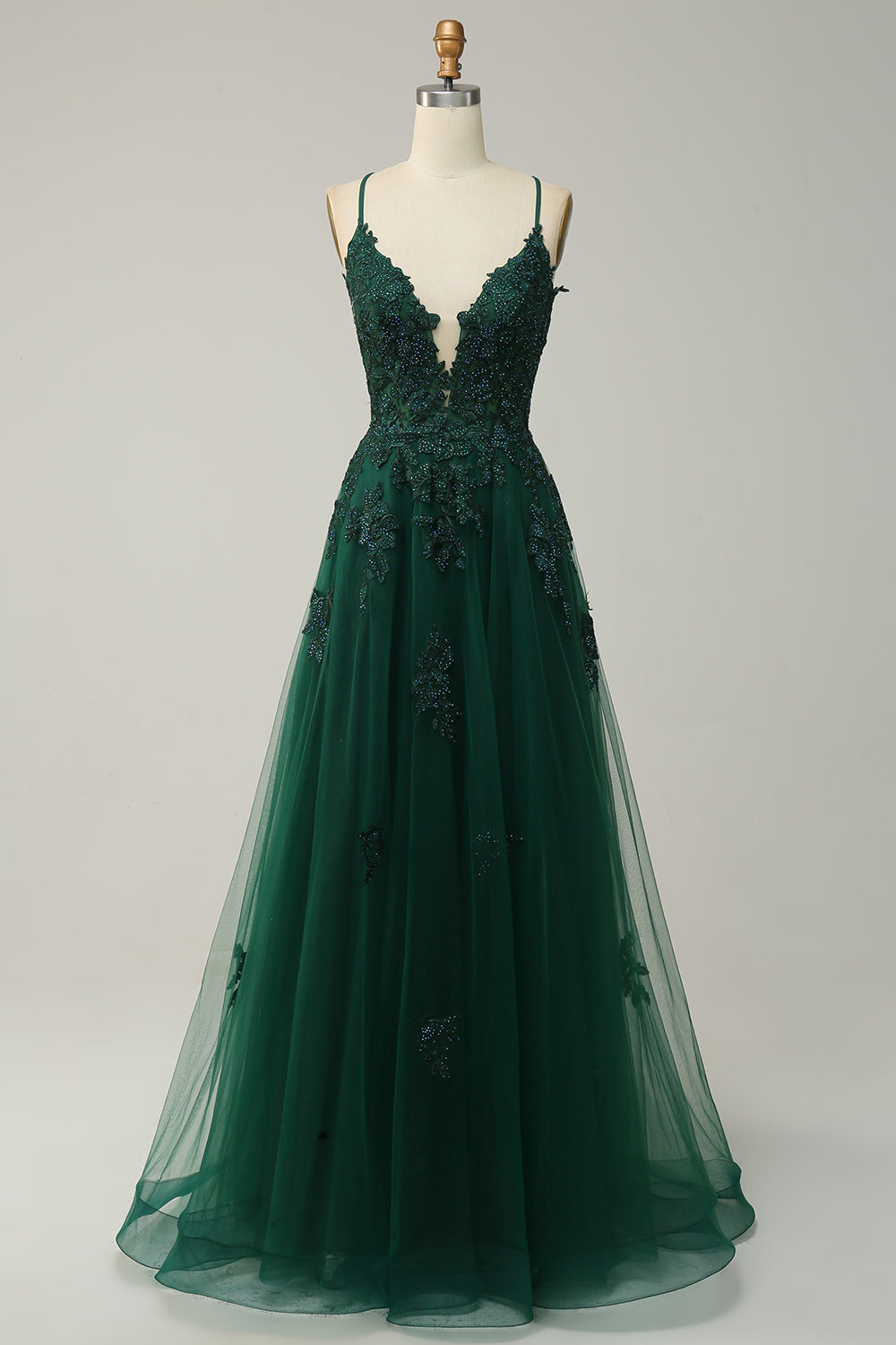 Dark Green A Line Prom Dress Tulle Appliques Long Evening Dress with Slit